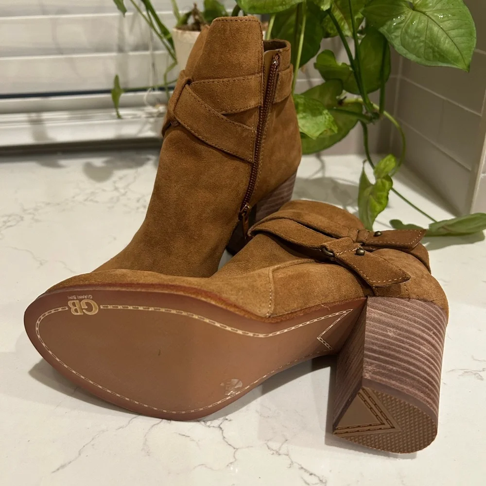 Gianni Bini Chestnut Suede Ankle Boots with Buckle Strap